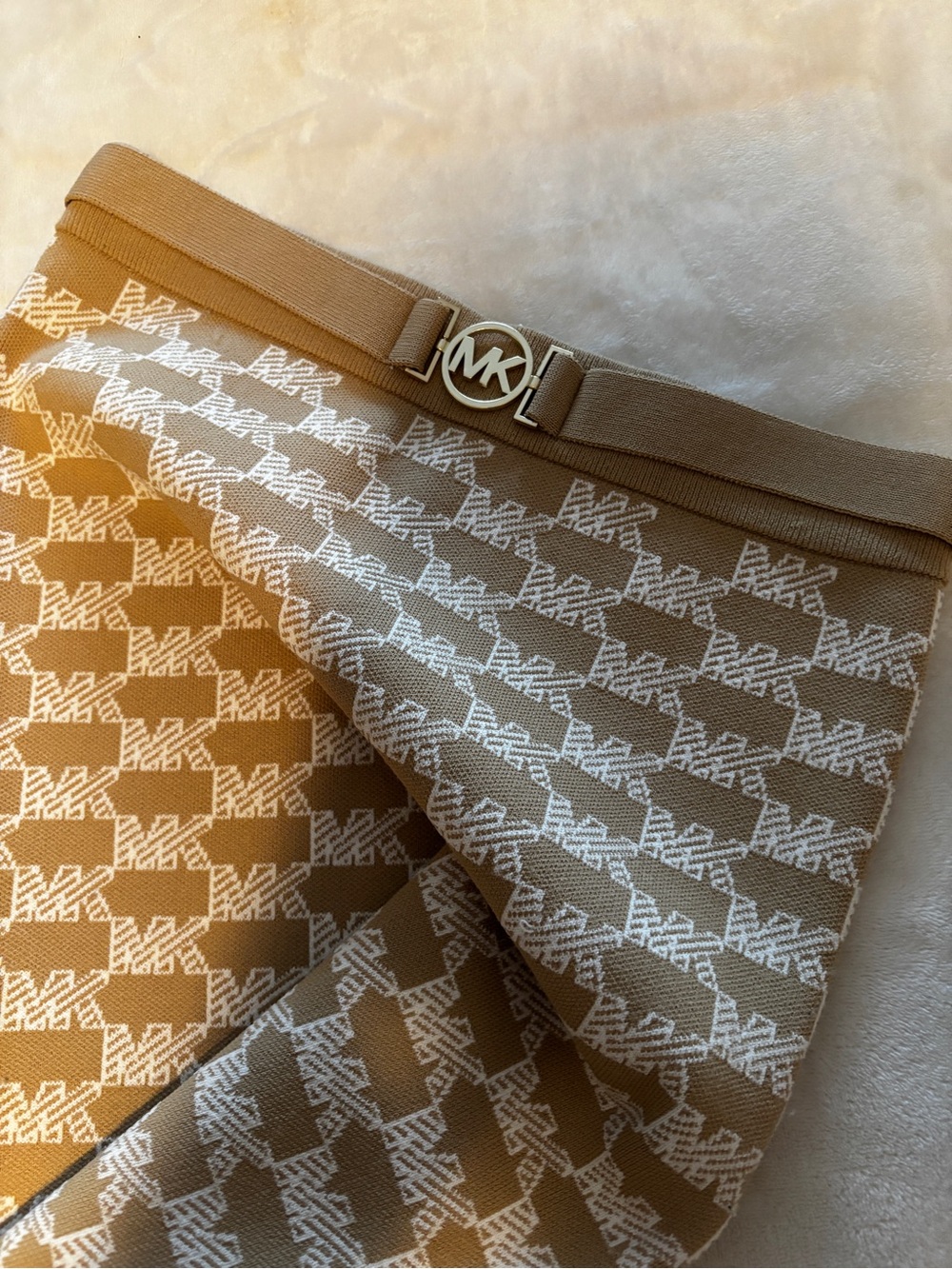 Michael Kors Cream & Tan Logo Knit Skirt with MK Buckle